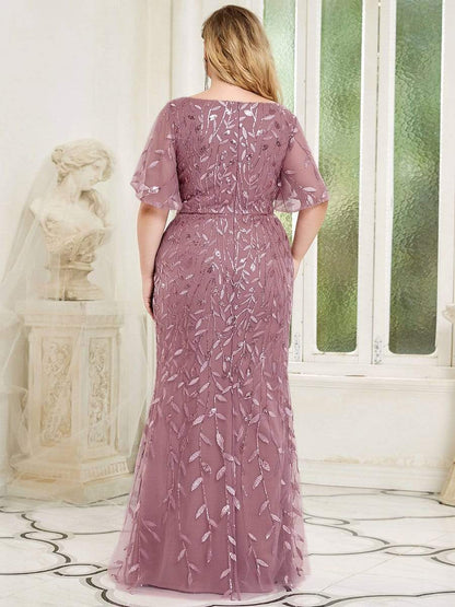 Fashion Plus Size V Neck Mermaid Sequin & Tulle Evening Dress #color_Purple Orchid