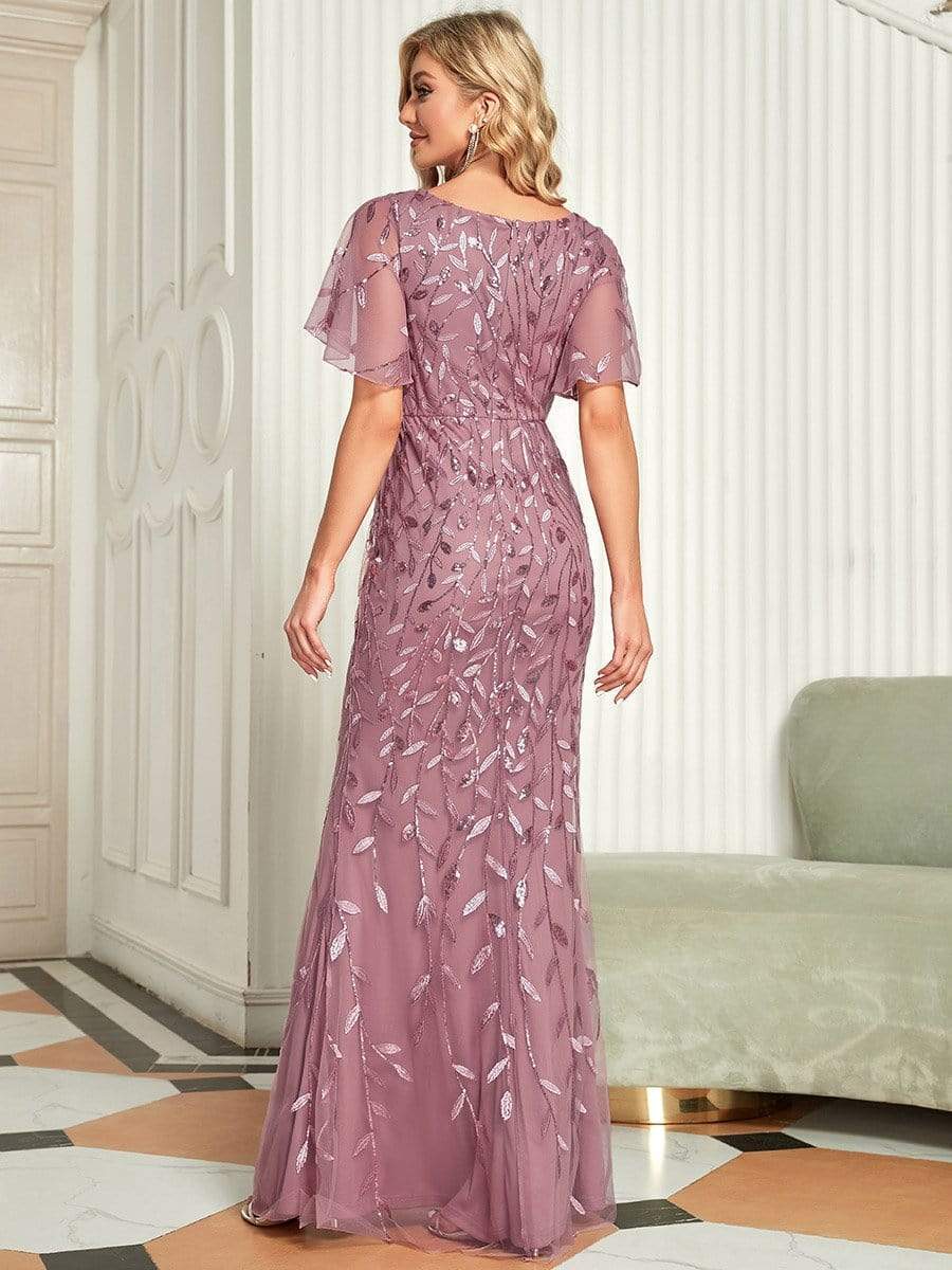 Gorgeous V Neck Leaf-Sequined Fishtail Party Dress #color_Purple Orchid