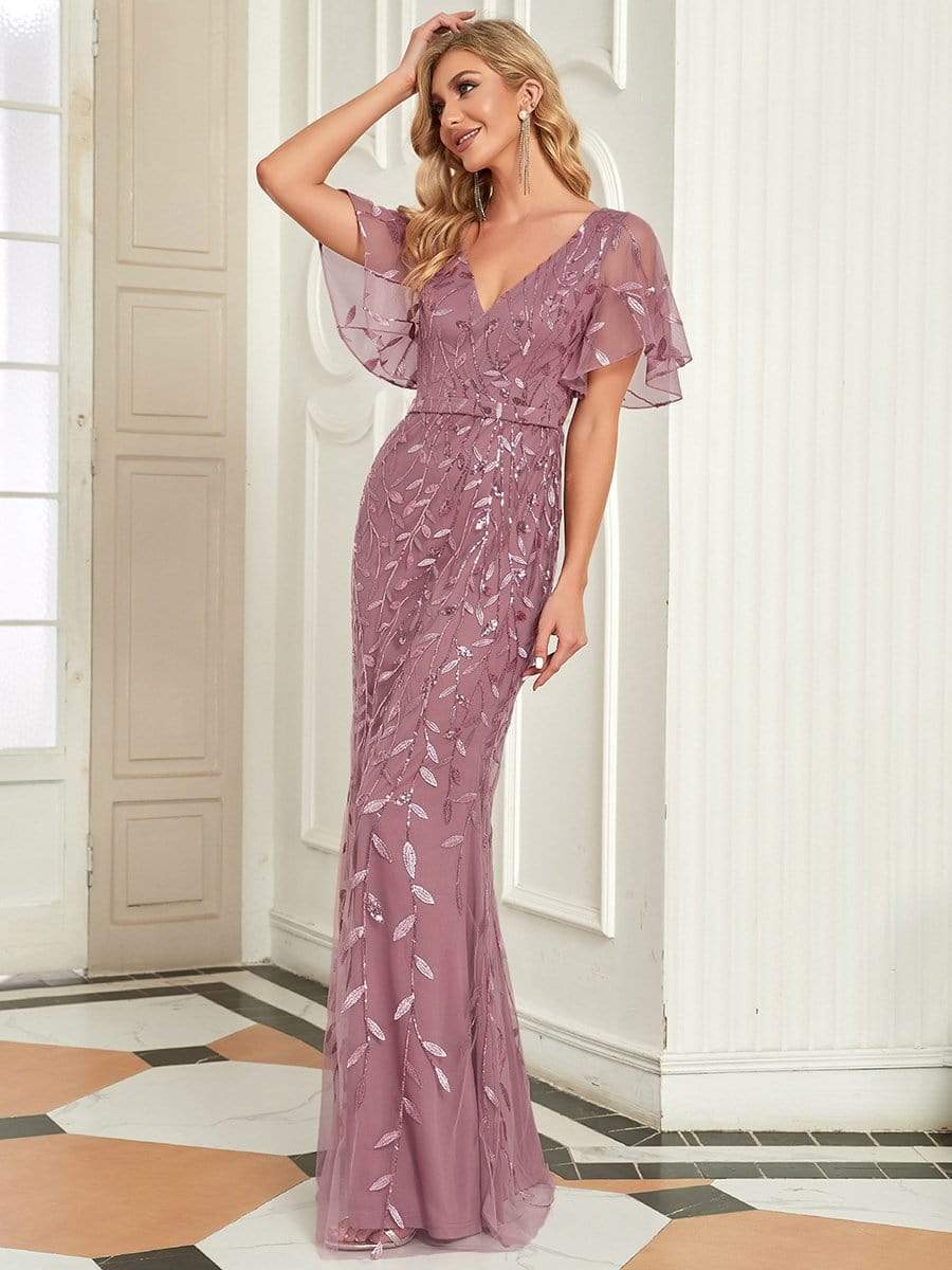 Gorgeous V Neck Leaf-Sequined Fishtail Party Dress #color_Purple Orchid