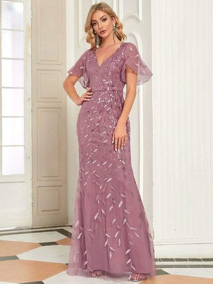 Shiny V Neck Leaf-Sequined Bodycon Formal Evening Dresses #color_Purple Orchid