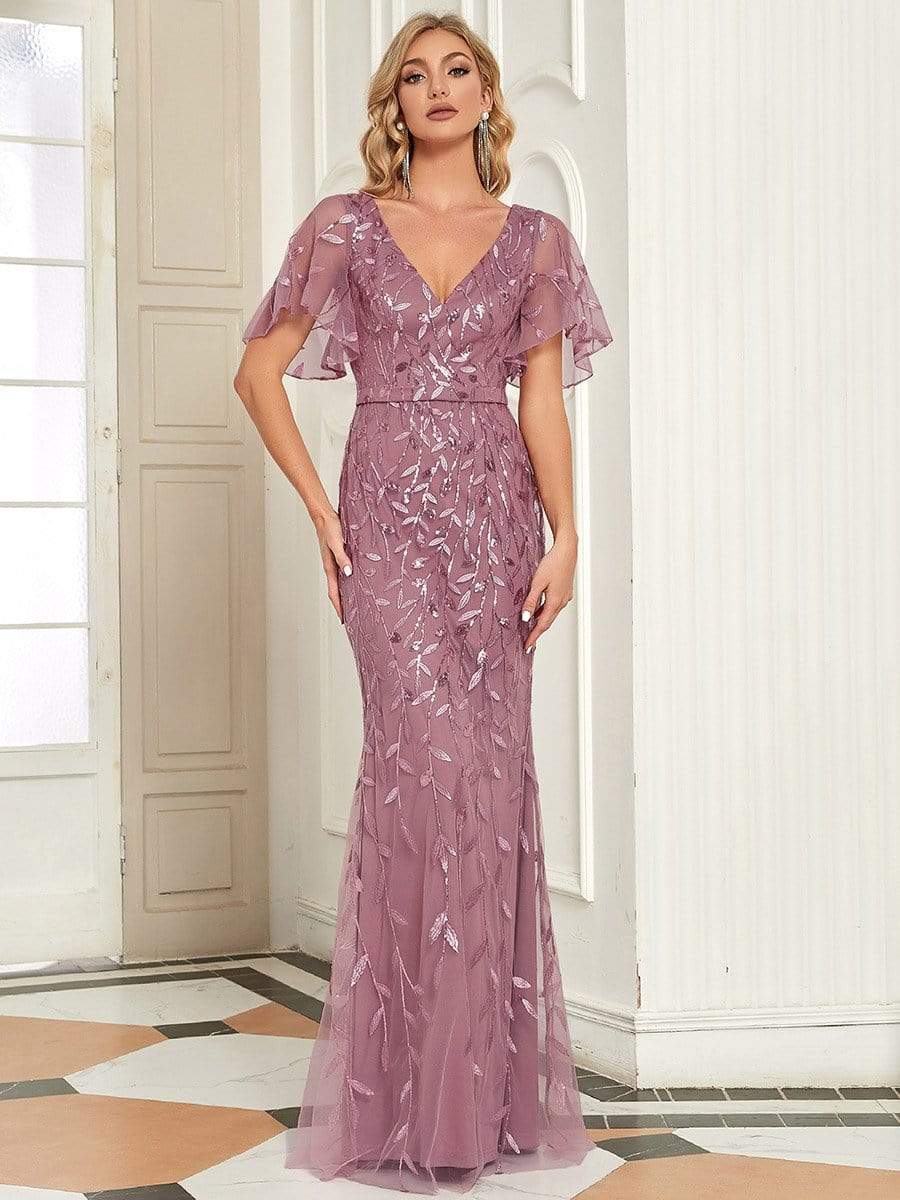 Shiny V Neck Leaf-Sequined Bodycon Formal Evening Dresses #color_Purple Orchid