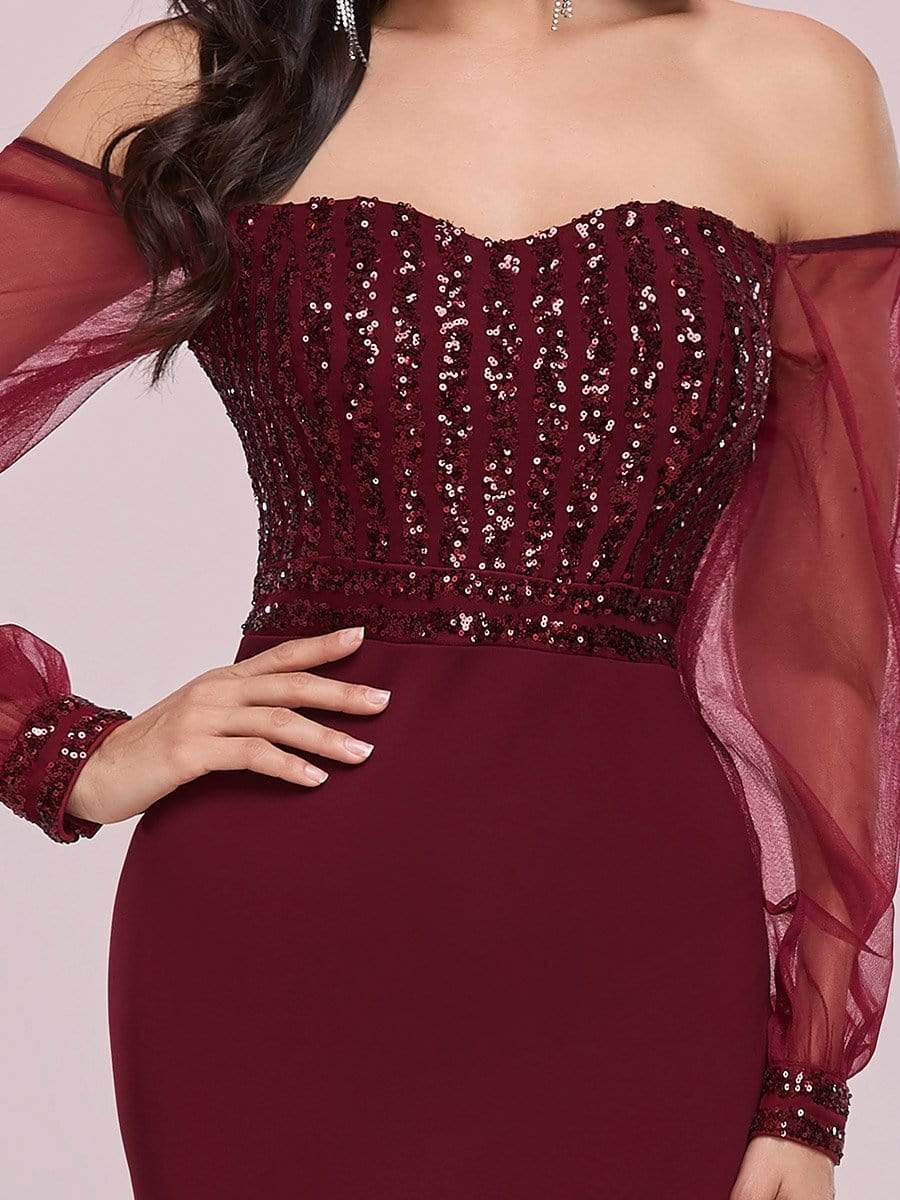 Fashion Off the Shoulder Sequin Evening Gowns With Tulle Sleeve #color_Burgundy 