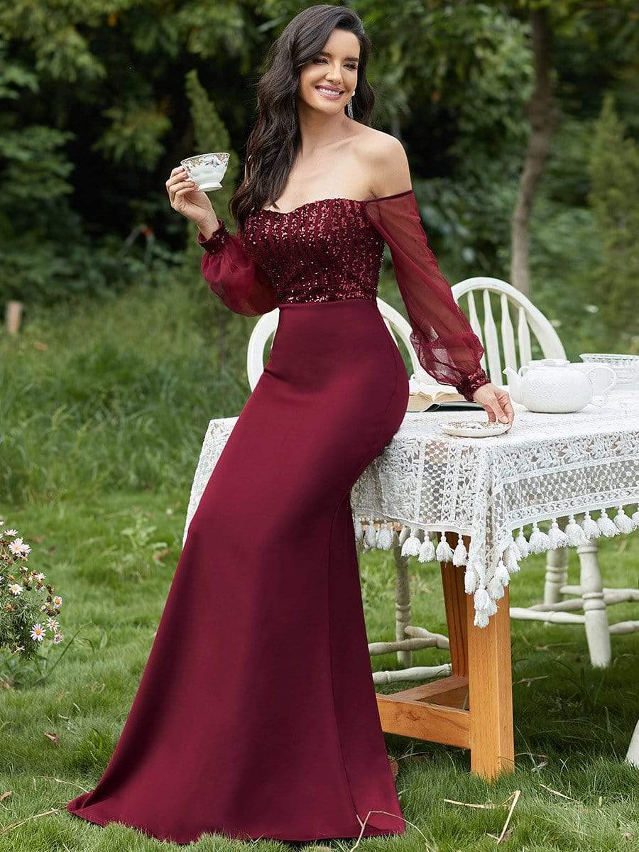 Fashion Off the Shoulder Sequin Evening Gowns With Tulle Sleeve #color_Burgundy 