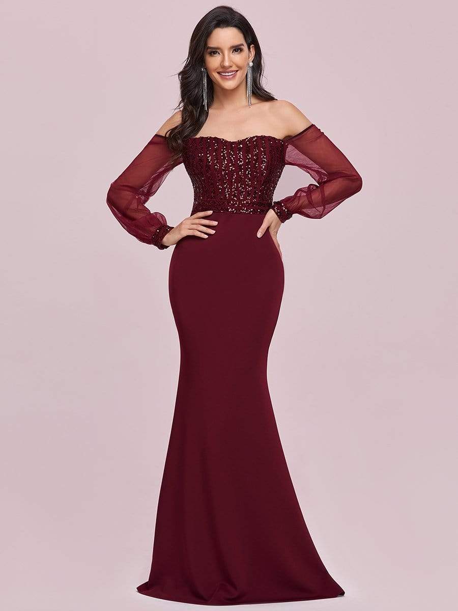 Fashion Off the Shoulder Sequin Evening Gowns With Tulle Sleeve #color_Burgundy 