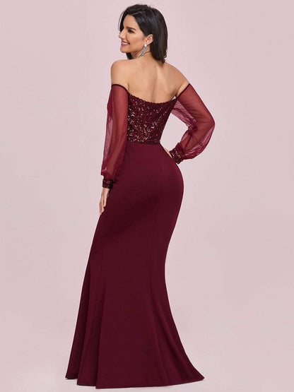 Fashion Off the Shoulder Sequin Evening Gowns With Tulle Sleeve #color_Burgundy 