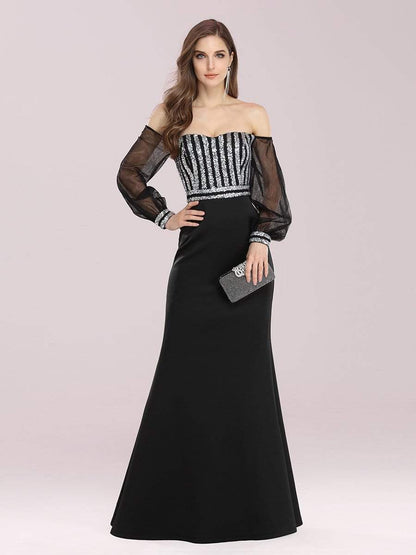 Fashion Off the Shoulder Sequin Evening Gowns With Tulle Sleeve #color_Black 