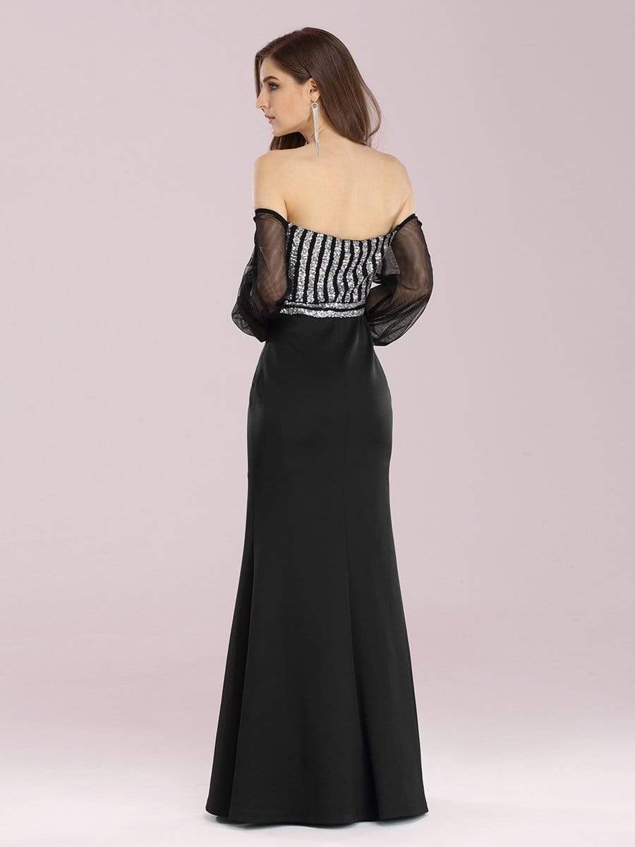 Fashion Off the Shoulder Sequin Evening Gowns With Tulle Sleeve #color_Black 