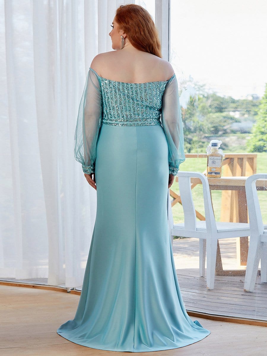 Fashion Off the Shoulder Sequin Evening Gowns With Tulle Sleeve #color_Dusty Blue 