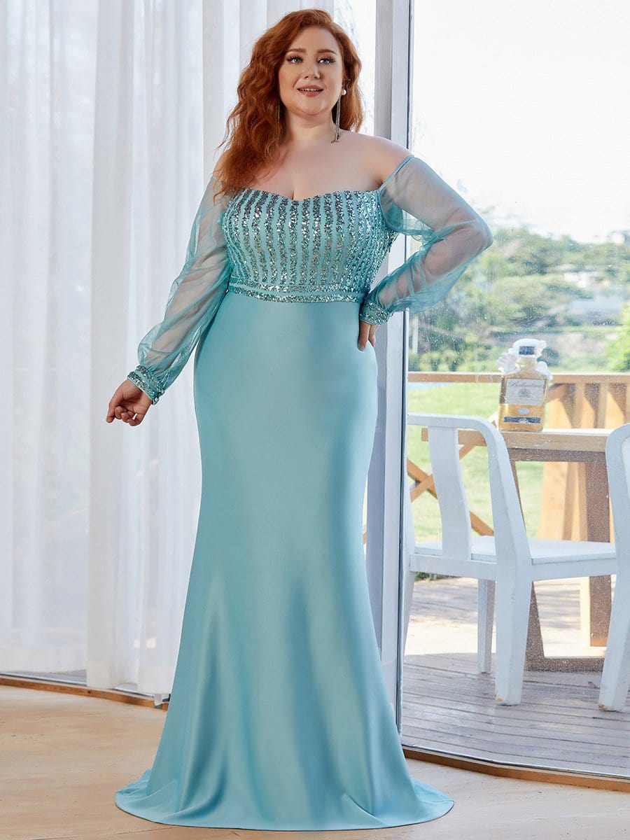 Fashion Off the Shoulder Sequin Evening Gowns With Tulle Sleeve #color_Dusty Blue 