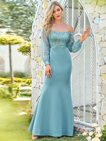 Fashion Off the Shoulder Sequin Evening Gowns With Tulle Sleeve #color_Dusty Blue 