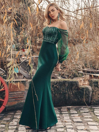 Fashion Off the Shoulder Sequin Evening Gowns With Tulle Sleeve #color_Dark Green 