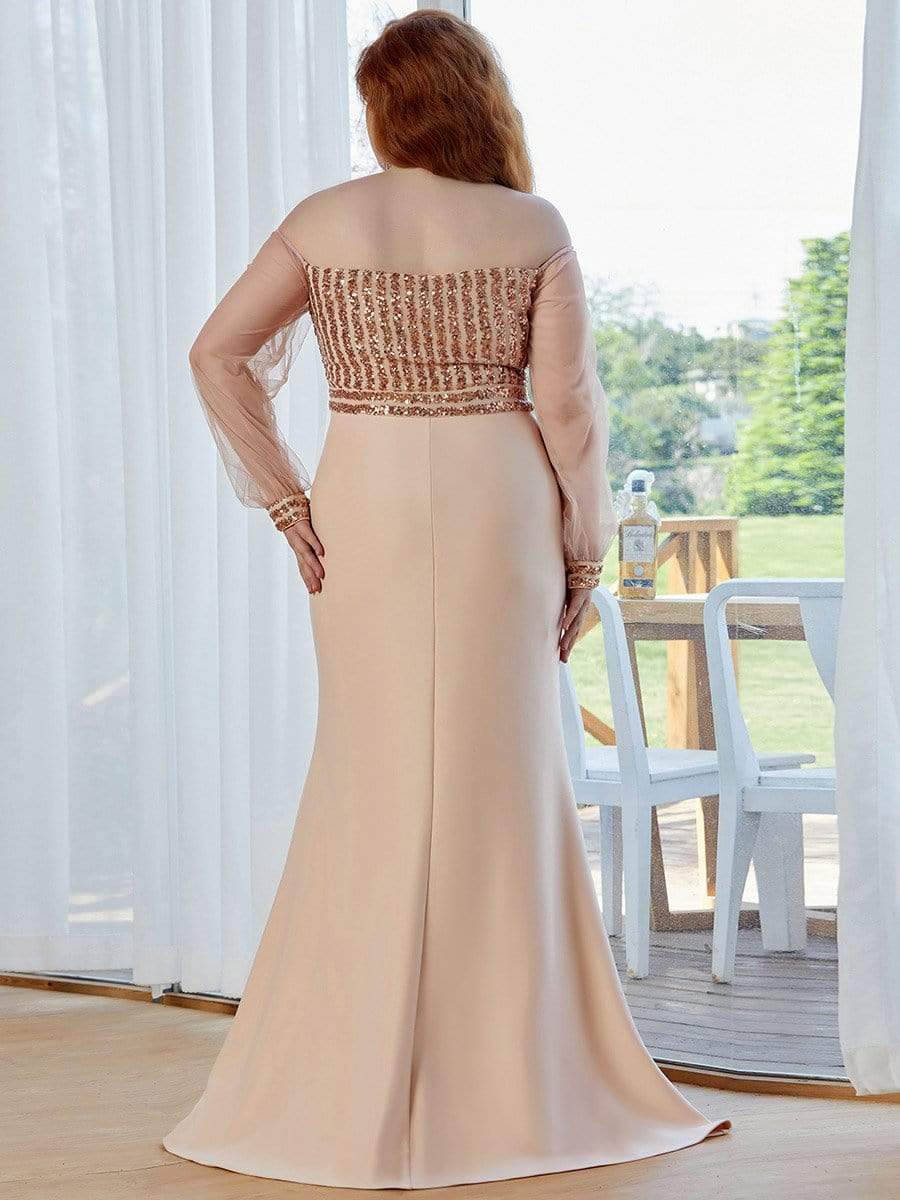 Fashion Off the Shoulder Sequin Evening Gowns With Tulle Sleeve #color_Rose Gold 