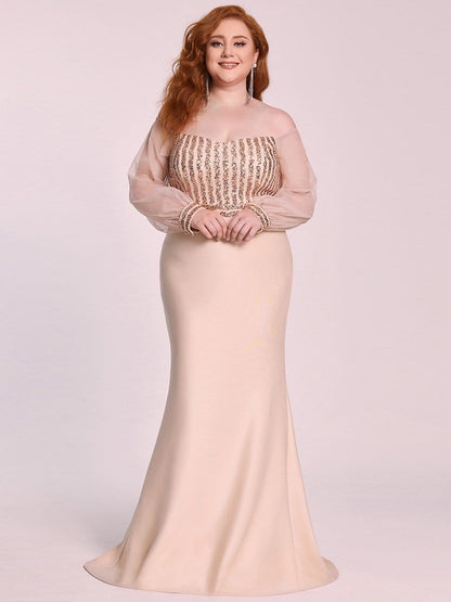 Fashion Off the Shoulder Sequin Evening Gowns With Tulle Sleeve #color_Rose Gold 