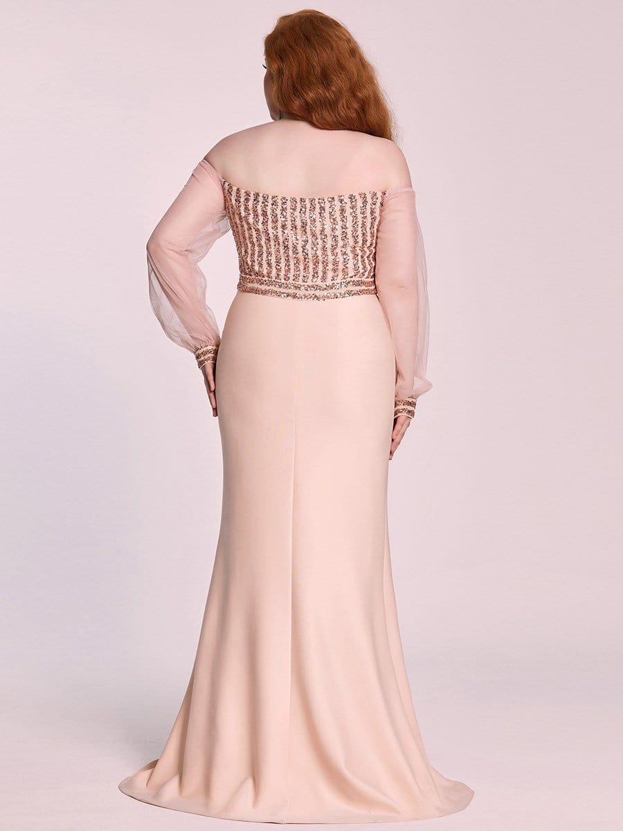 Fashion Off the Shoulder Sequin Evening Gowns With Tulle Sleeve #color_Rose Gold 