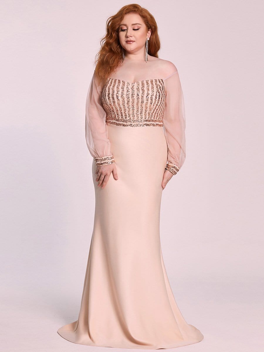 Fashion Off the Shoulder Sequin Evening Gowns With Tulle Sleeve #color_Rose Gold 