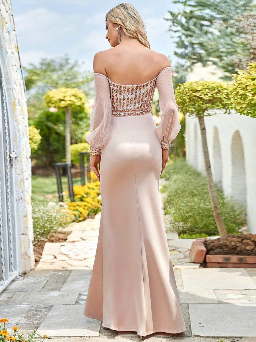 Fashion Off the Shoulder Sequin Evening Gowns With Tulle Sleeve #color_Rose Gold 