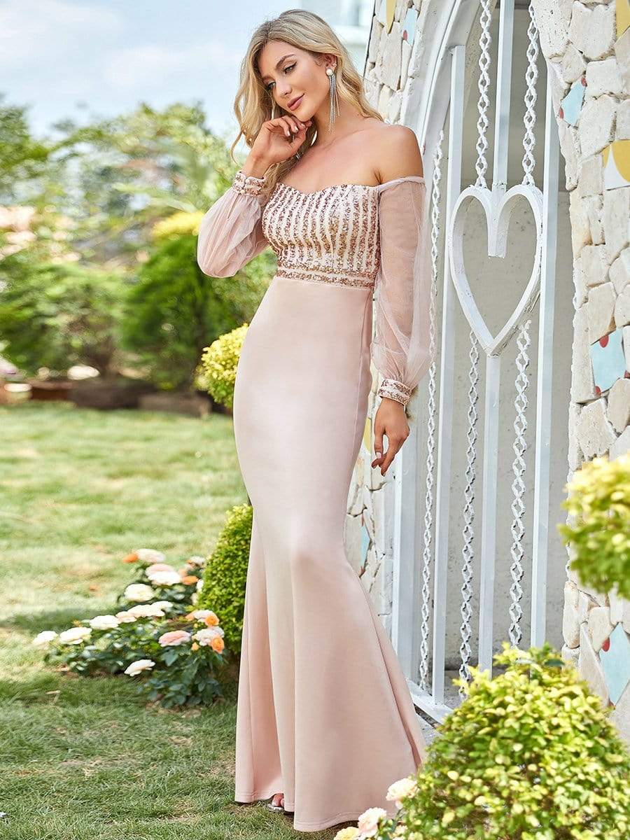 Fashion Off the Shoulder Sequin Evening Gowns With Tulle Sleeve #color_Rose Gold 