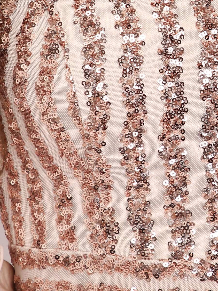 Fashion Off the Shoulder Sequin Evening Gowns With Tulle Sleeve #color_Rose Gold 