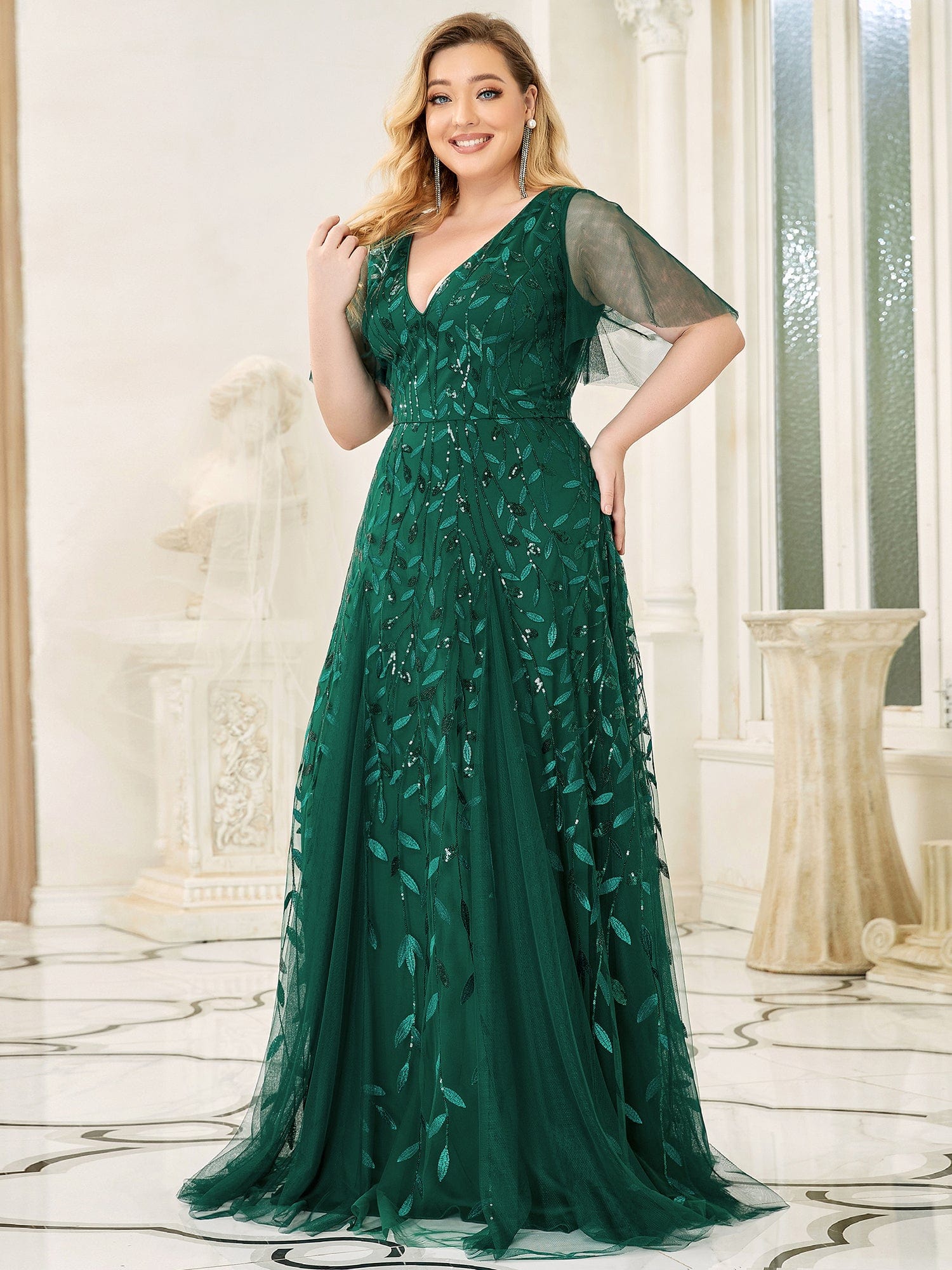 Custom Size V Neck Ruffle Sleeves Sequin Maxi Evening Dress #color_Dark Green