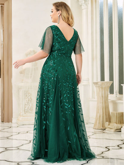 Custom Size V Neck Ruffle Sleeves Sequin Maxi Evening Dress #color_Dark Green