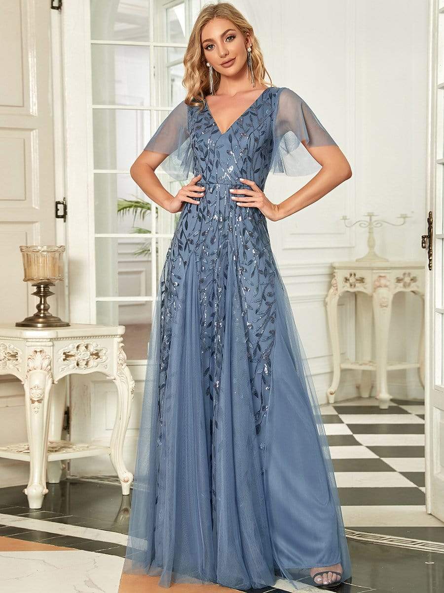 Shimmery V Neck Ruffle Sleeves Sequin Maxi Long Evening Dress #color_Dusty Navy 