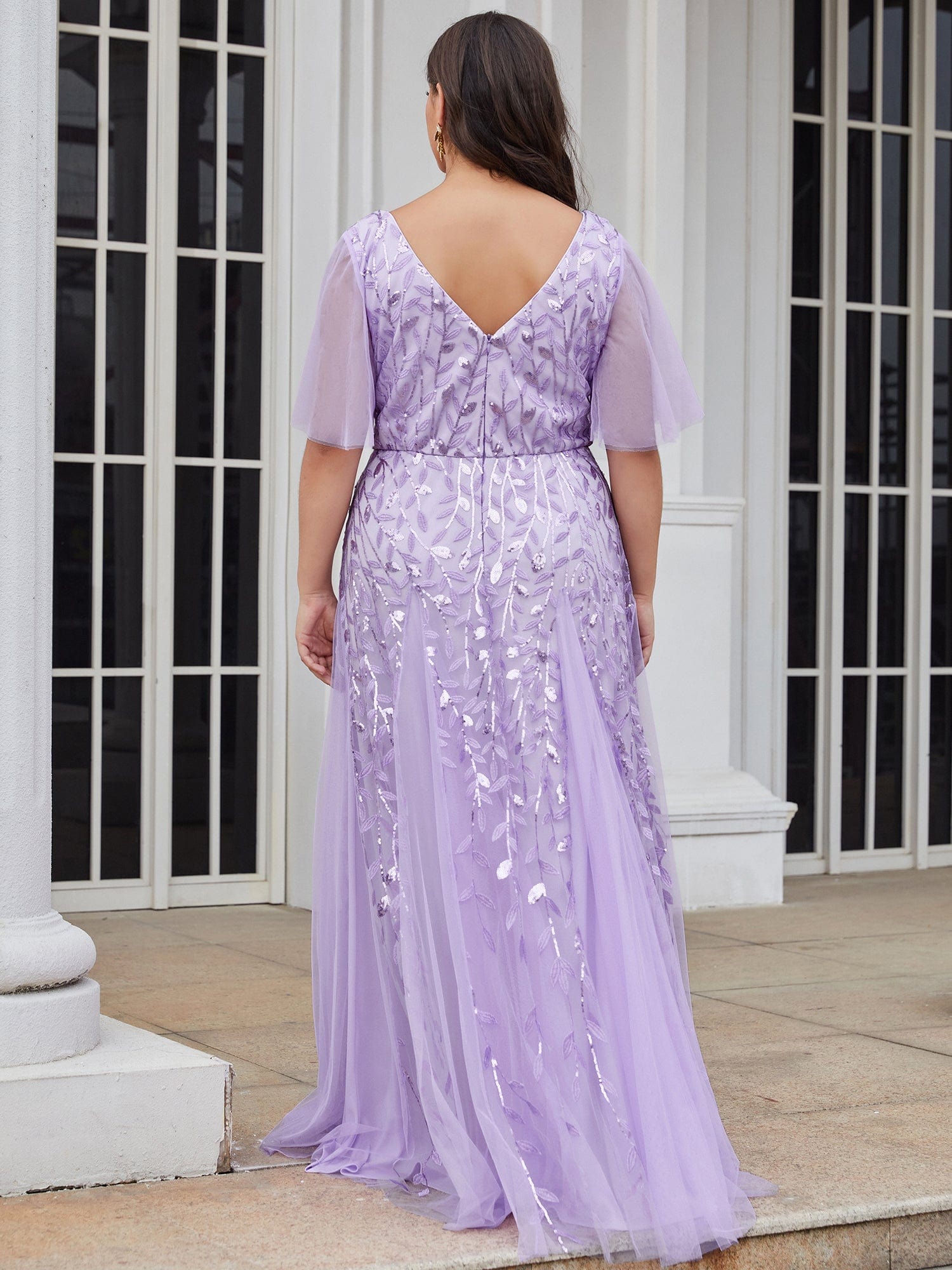 Custom Size V Neck Ruffle Sleeves Sequin Maxi Evening Dress #color_Lavender