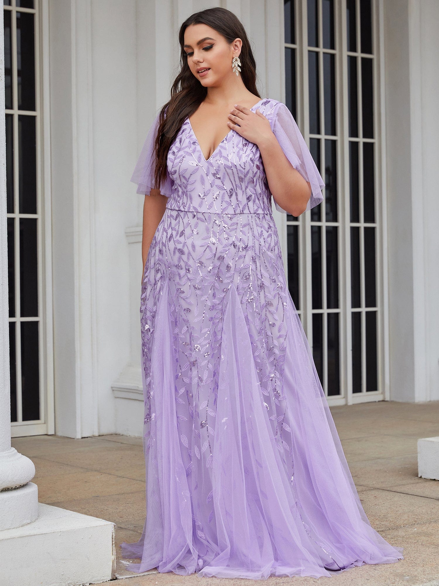 Custom Size V Neck Ruffle Sleeves Sequin Maxi Evening Dress #color_Lavender