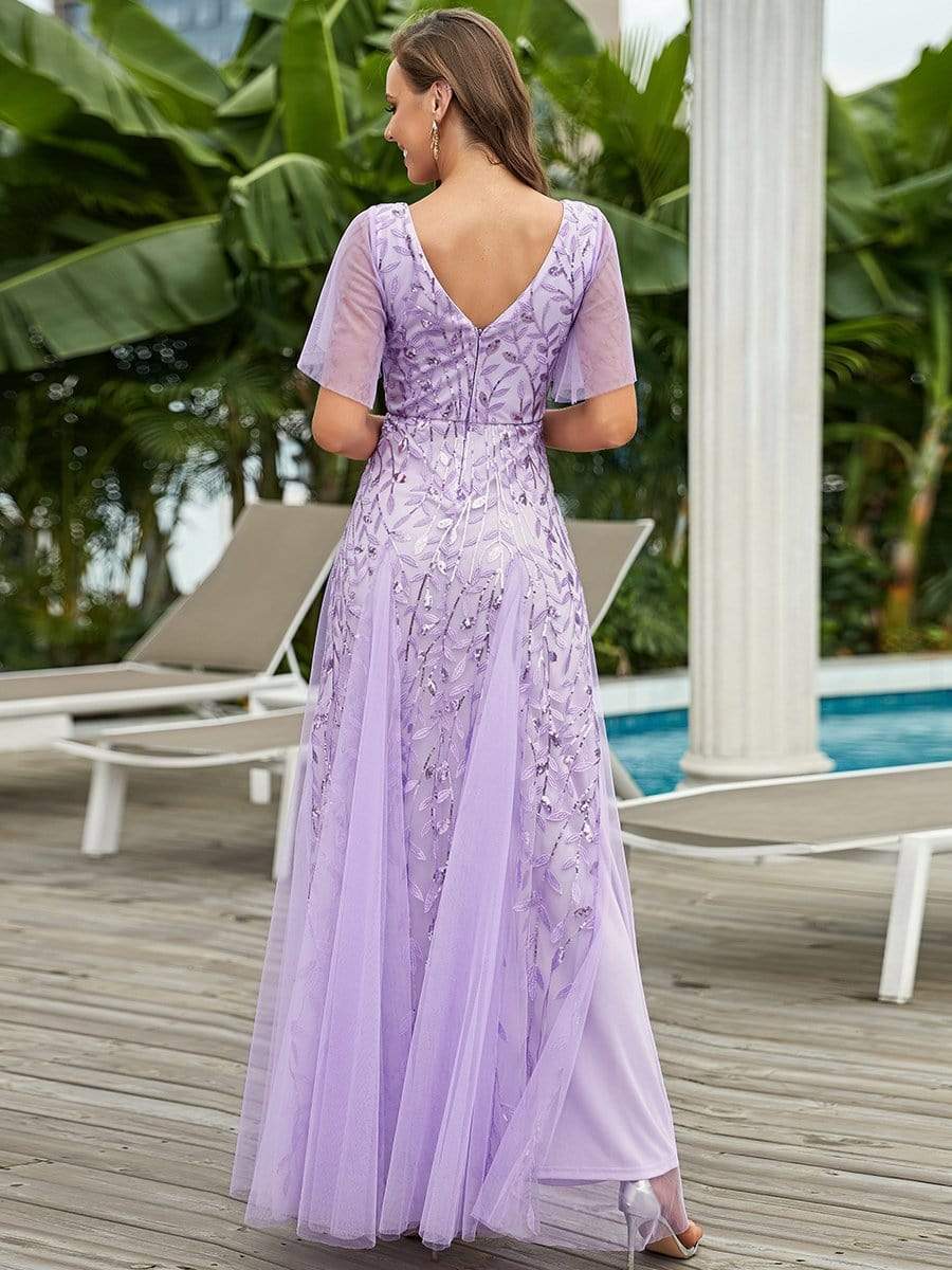 Shimmery V Neck Ruffle Sleeves Sequin Maxi Long Evening Dress #color_Lavender 