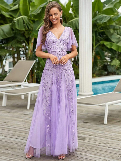 Shimmery V Neck Ruffle Sleeves Sequin Maxi Long Evening Dress #color_Lavender 