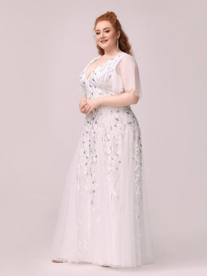 Custom Size V Neck Ruffle Sleeves Sequin Maxi Evening Dress #color_White