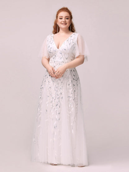 Custom Size V Neck Ruffle Sleeves Sequin Maxi Evening Dress #color_White