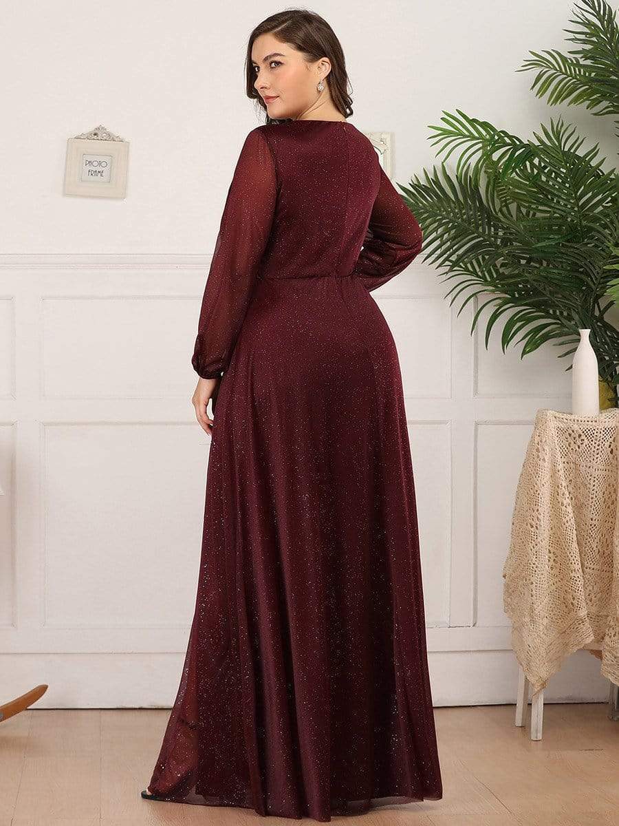 Custom Size Long Sleeve Side Split V-Neck Glittery Evening Dress #color_Burgundy 