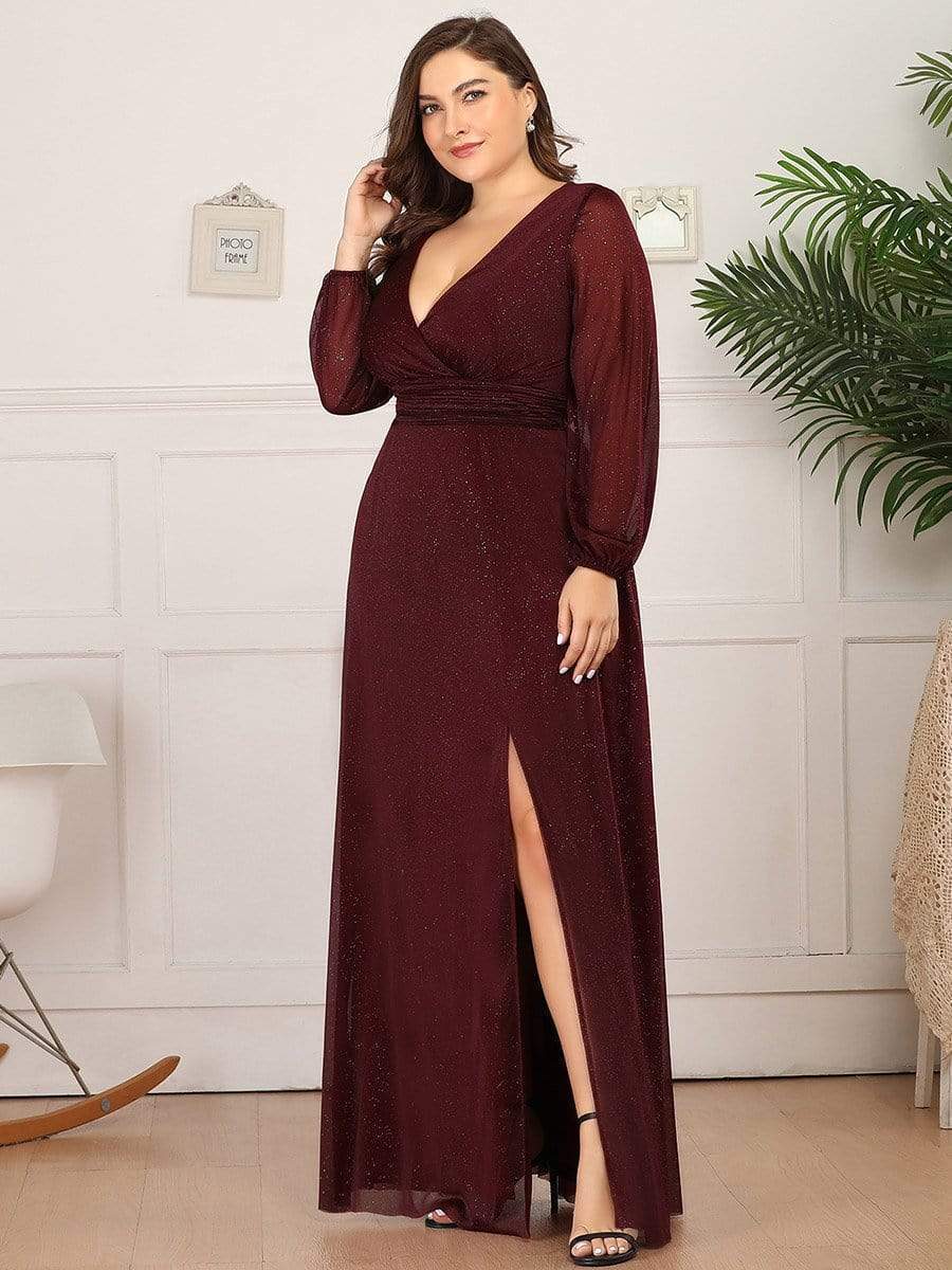 Women's Sexy Long Sleeve V-Neck Shiny Evening Dress #color_Burgundy 