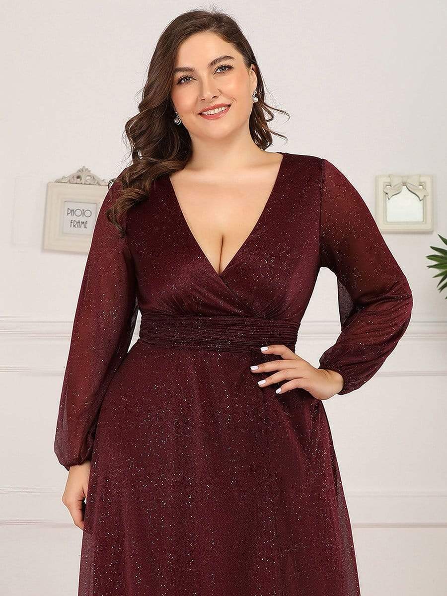 Custom Size Long Sleeve Side Split V-Neck Glittery Evening Dress #color_Burgundy 