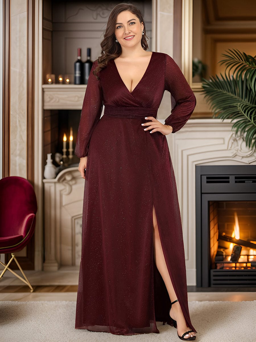 Plus Size V-Neck Shiny Puff Sleeve Evening Dress for Women #color_Burgundy