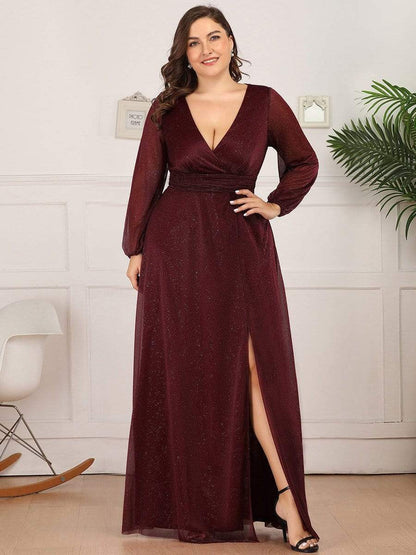 Custom Size Long Sleeve Side Split V-Neck Glittery Evening Dress #color_Burgundy 