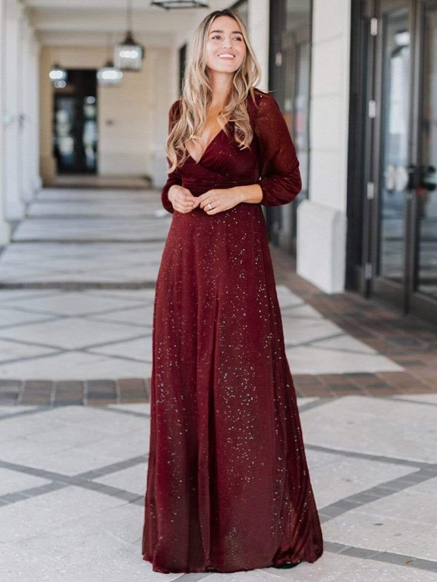 Women's Sexy Long Sleeve V-Neck Shiny Evening Dress #color_Burgundy 