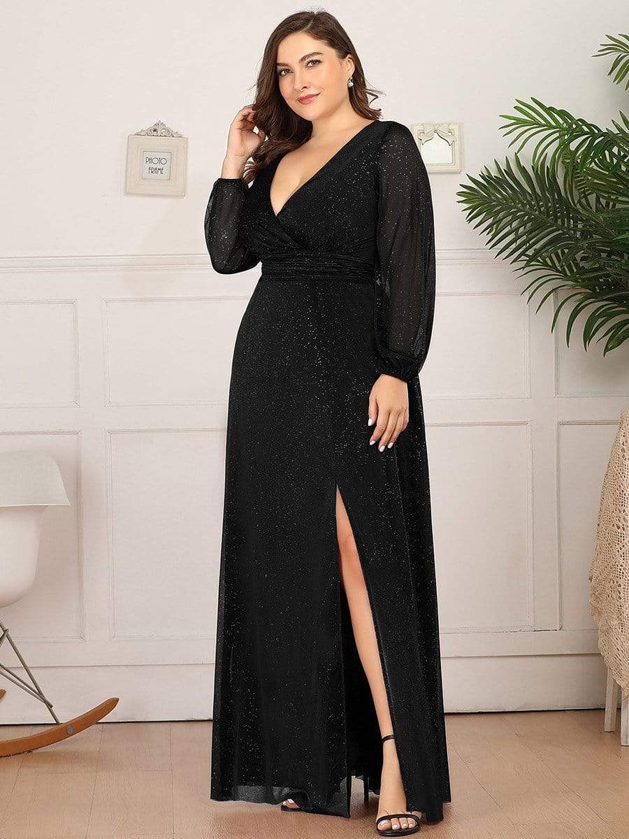 Women's Sexy Long Sleeve V-Neck Shiny Evening Dress #color_Black 