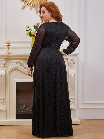 Custom Size Long Sleeve Side Split V-Neck Glittery Evening Dress #color_Black 