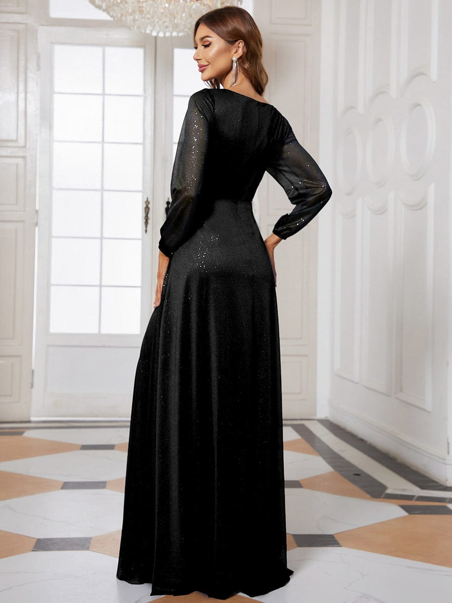 Women's Sexy Long Sleeve V-Neck Shiny Evening Dress #color_Black