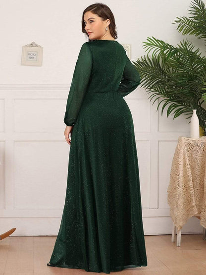 Plus Size V-Neck Shiny Puff Sleeve Evening Dress for Women #color_Dark Green 