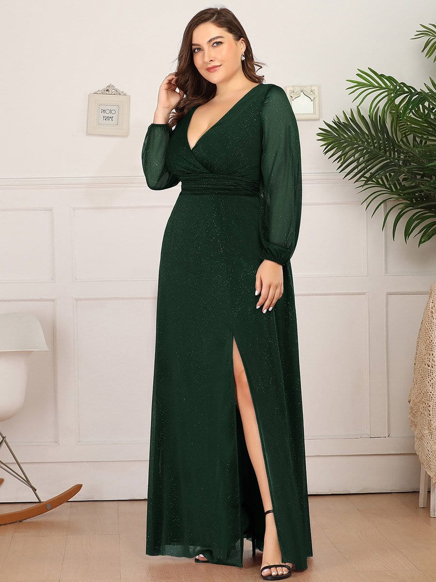 Women's Sexy Long Sleeve V-Neck Shiny Evening Dress #color_Dark Green 