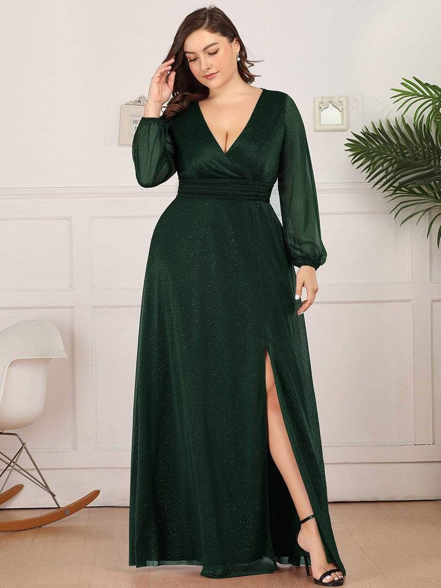 Custom Size Long Sleeve Side Split V-Neck Glittery Evening Dress #color_Dark Green 