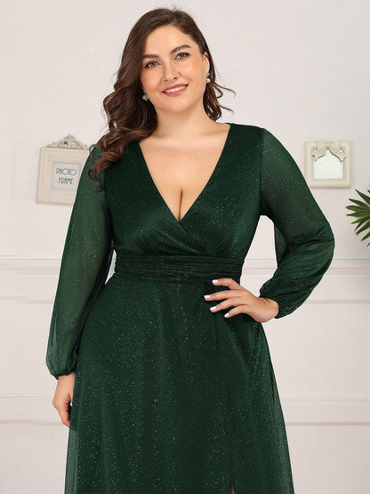 Women's Sexy Long Sleeve V-Neck Shiny Evening Dress #color_Dark Green 