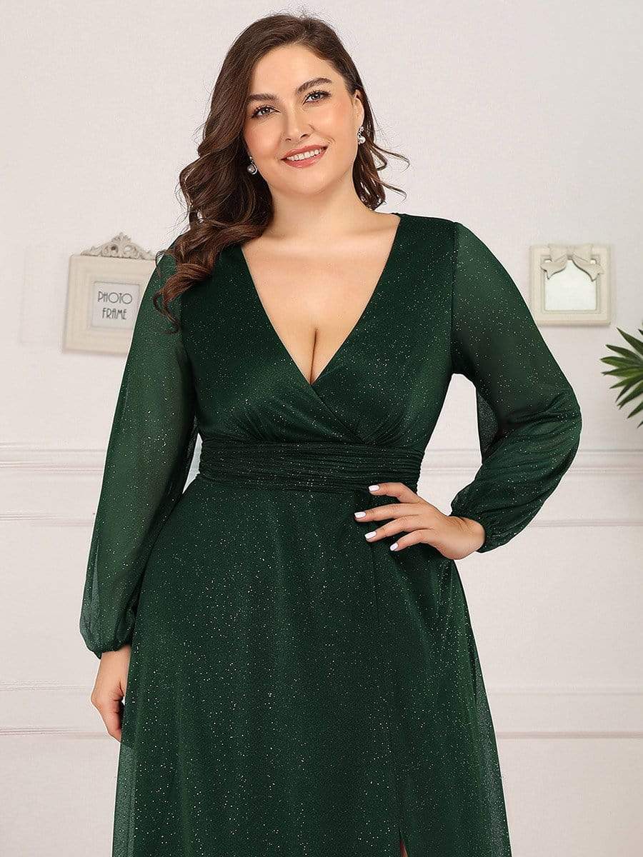 Custom Size Long Sleeve Side Split V-Neck Glittery Evening Dress #color_Dark Green 