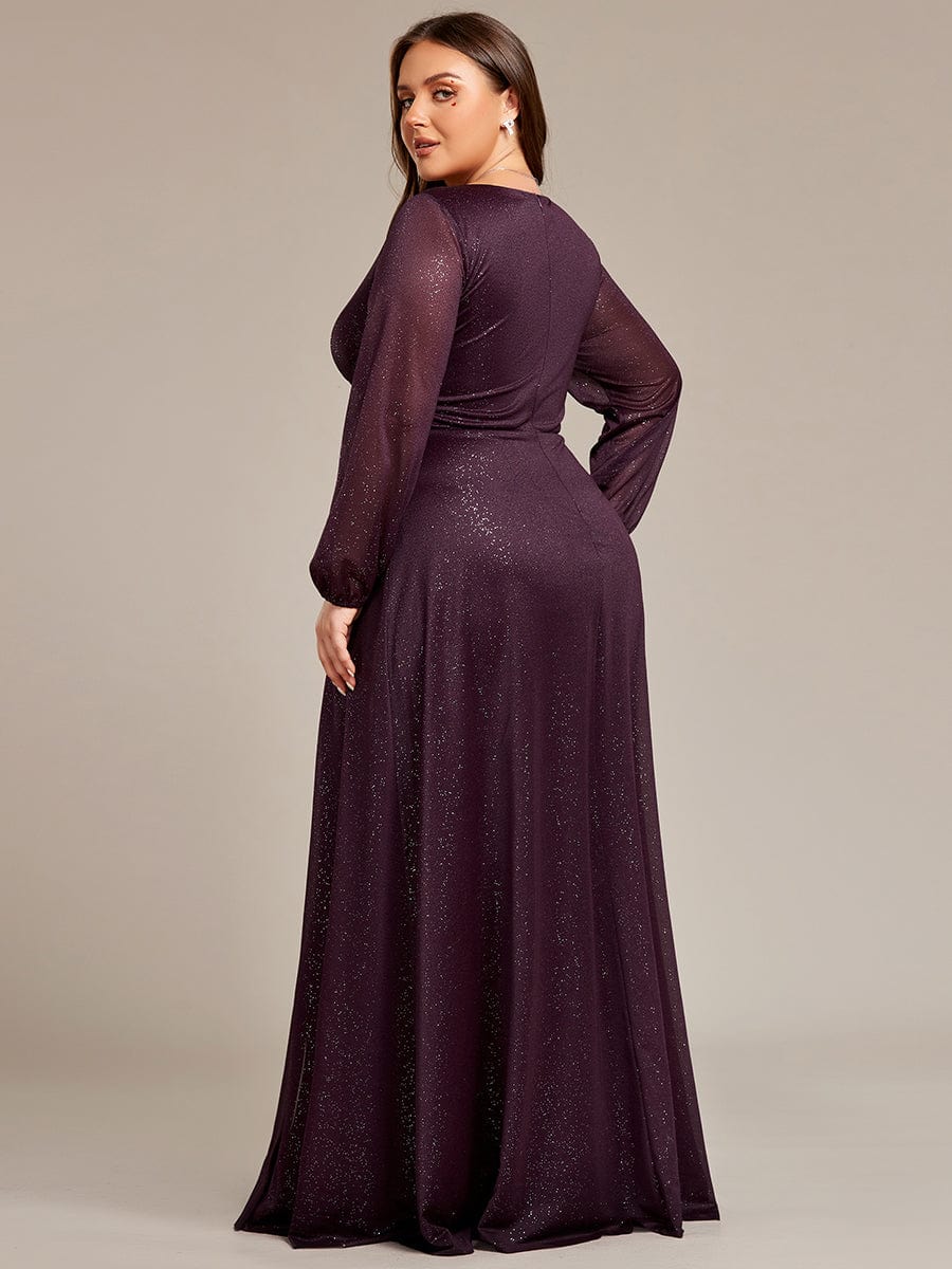 Plus Size V-Neck Shiny Puff Sleeve Evening Dress for Women #color_Dark Purple