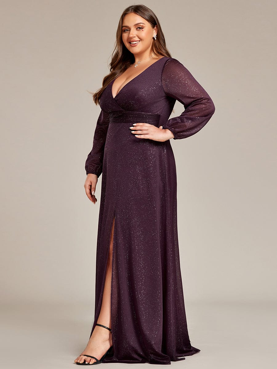 Plus Size V-Neck Shiny Puff Sleeve Evening Dress for Women #color_Dark Purple