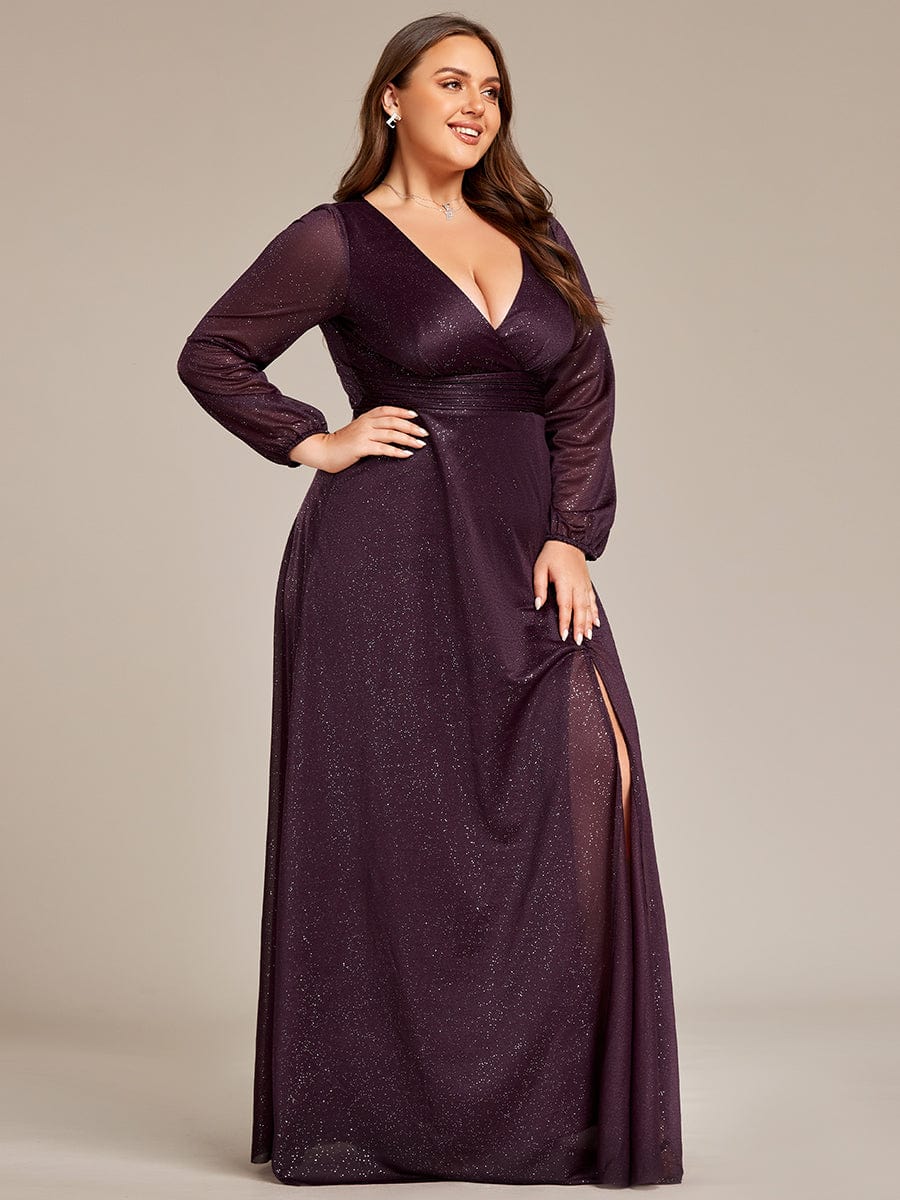 Custom Size Long Sleeve Side Split V-Neck Glittery Evening Dress #color_Dark Purple