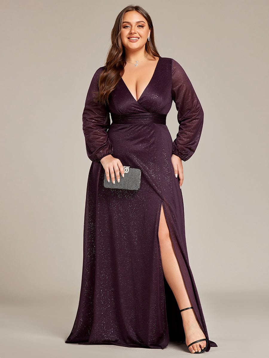 Custom Size Long Sleeve Side Split V-Neck Glittery Evening Dress #color_Dark Purple