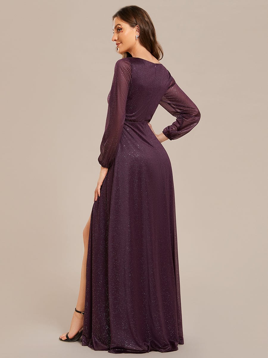 Women's Sexy Long Sleeve V-Neck Shiny Evening Dress #color_Dark Purple